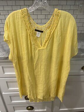 Jennie & Marlis Tunic Shirt Womens 2X Yellow Crochet Bohoemian Blouse Top Boho